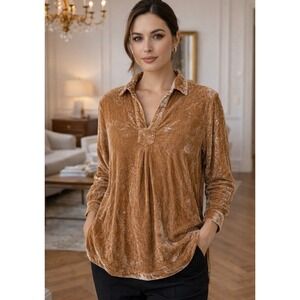 Sundance Womens Sz Med Crushed Velvet V-Neck Collared Tunic Top Gold Boho